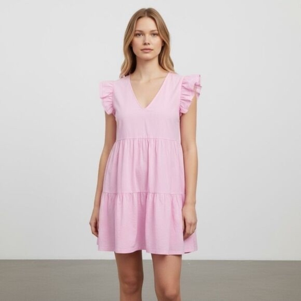 Papermoon Pastel Pink Tiered Babydoll Mini Poplin Dress, Small